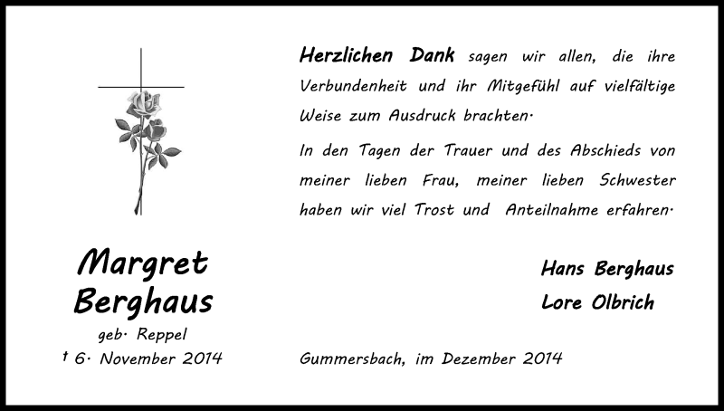  Traueranzeige für Margret Berghaus vom 13.12.2014 aus Kölner Stadt-Anzeiger / Kölnische Rundschau / Express