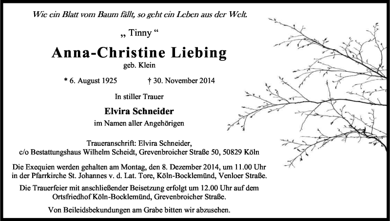  Traueranzeige für Anna-Christine Liebing vom 04.12.2014 aus Kölner Stadt-Anzeiger / Kölnische Rundschau / Express