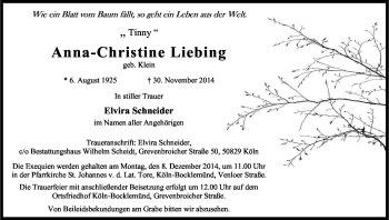 Anzeige von Anna-Christine Liebing von Kölner Stadt-Anzeiger / Kölnische Rundschau / Express