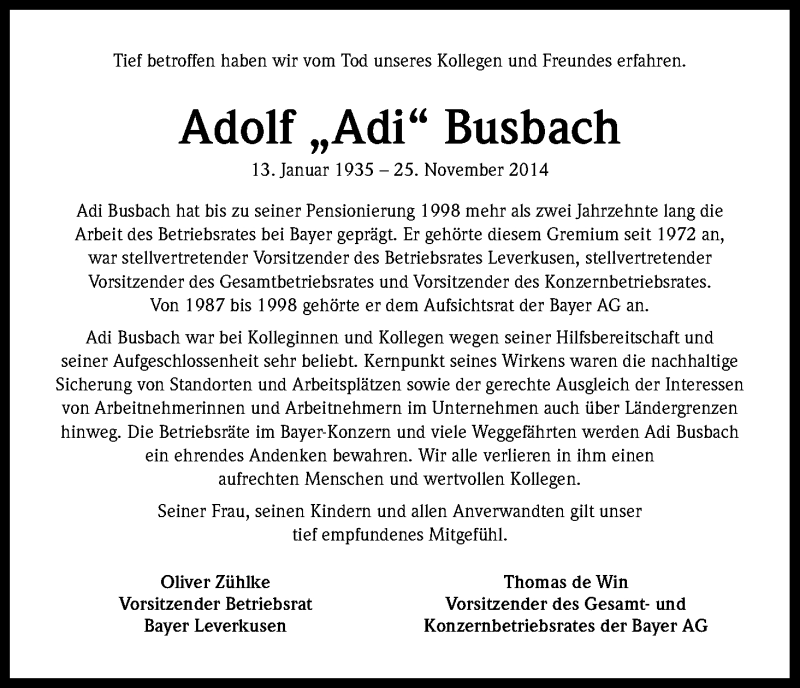  Traueranzeige für Adolf Busbach vom 03.12.2014 aus Kölner Stadt-Anzeiger / Kölnische Rundschau / Express