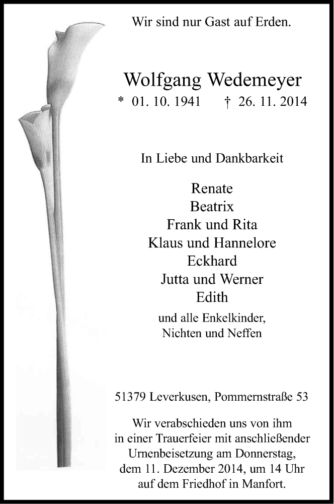  Traueranzeige für Wolfgang Wedemeyer vom 06.12.2014 aus Kölner Stadt-Anzeiger / Kölnische Rundschau / Express