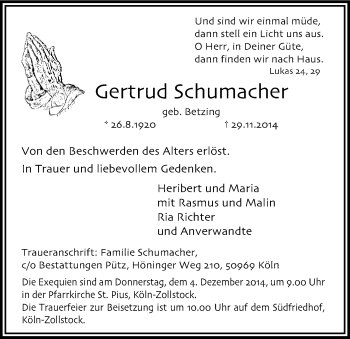 Anzeige von Gertrud Schumacher von Kölner Stadt-Anzeiger / Kölnische Rundschau / Express