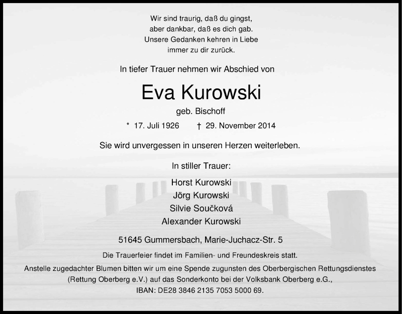  Traueranzeige für Eva Kurowski vom 03.12.2014 aus Kölner Stadt-Anzeiger / Kölnische Rundschau / Express