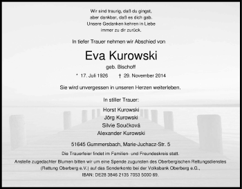 Anzeige von Eva Kurowski von Kölner Stadt-Anzeiger / Kölnische Rundschau / Express