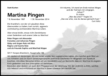 Anzeige von Martina Pingen von Kölner Stadt-Anzeiger / Kölnische Rundschau / Express