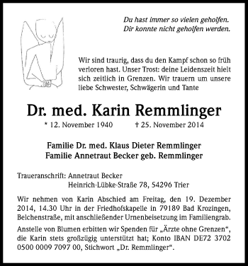 Anzeige von Karin Remmlinger von Kölner Stadt-Anzeiger / Kölnische Rundschau / Express