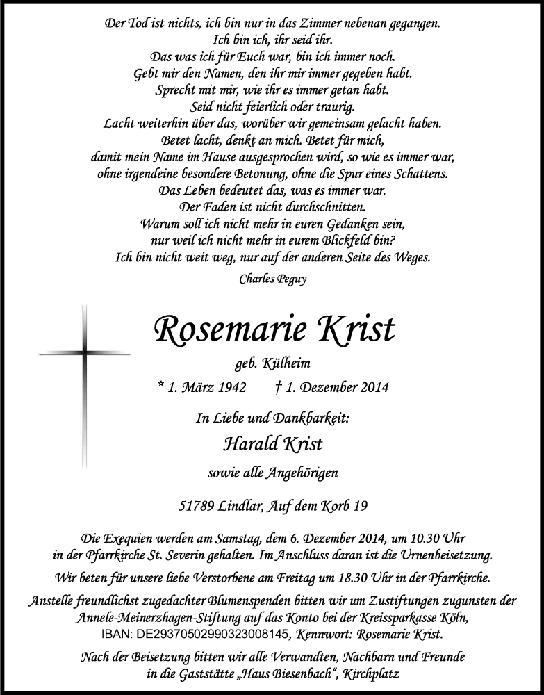  Traueranzeige für Rosemarie Krist vom 03.12.2014 aus Kölner Stadt-Anzeiger / Kölnische Rundschau / Express