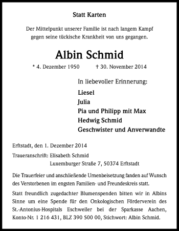 Anzeige von Albin Schmid von Kölner Stadt-Anzeiger / Kölnische Rundschau / Express