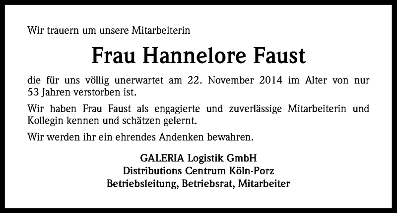  Traueranzeige für Hannelore Faust vom 04.12.2014 aus Kölner Stadt-Anzeiger / Kölnische Rundschau / Express