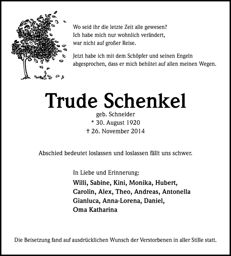  Traueranzeige für Trude Schenkel vom 06.12.2014 aus Kölner Stadt-Anzeiger / Kölnische Rundschau / Express