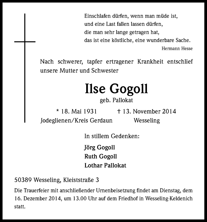  Traueranzeige für Ilse Gogoll vom 13.12.2014 aus Kölner Stadt-Anzeiger / Kölnische Rundschau / Express