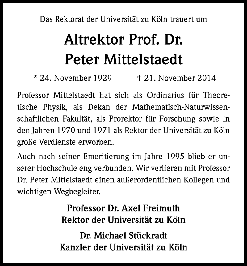  Traueranzeige für Peter Mittelstaedt vom 06.12.2014 aus Kölner Stadt-Anzeiger / Kölnische Rundschau / Express