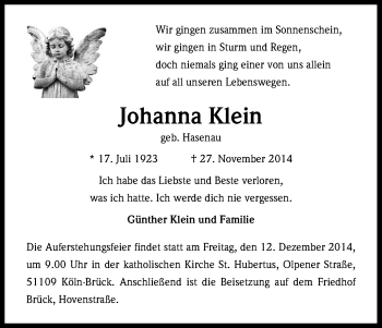 Anzeige von Johanna Klein von Kölner Stadt-Anzeiger / Kölnische Rundschau / Express