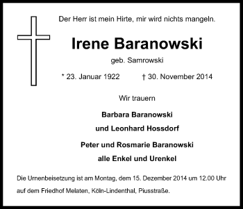 Anzeige von Irene Baranowski von Kölner Stadt-Anzeiger / Kölnische Rundschau / Express
