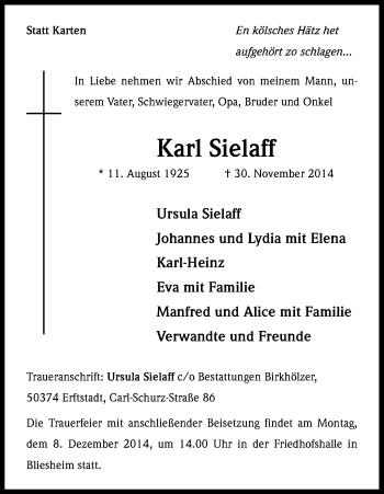 Anzeige von Karl Sielaff von Kölner Stadt-Anzeiger / Kölnische Rundschau / Express