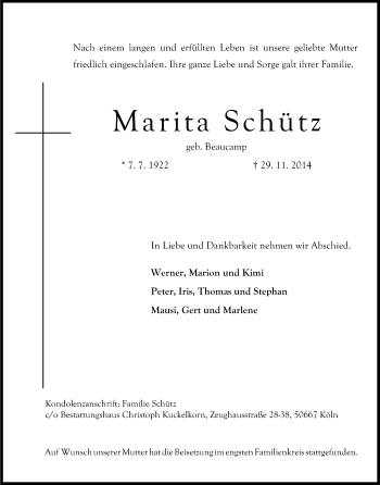 Anzeige von Marita Schütz von Kölner Stadt-Anzeiger / Kölnische Rundschau / Express