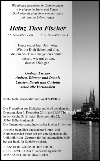 Anzeige von Heinz Theo Fischer von Kölner Stadt-Anzeiger / Kölnische Rundschau / Express