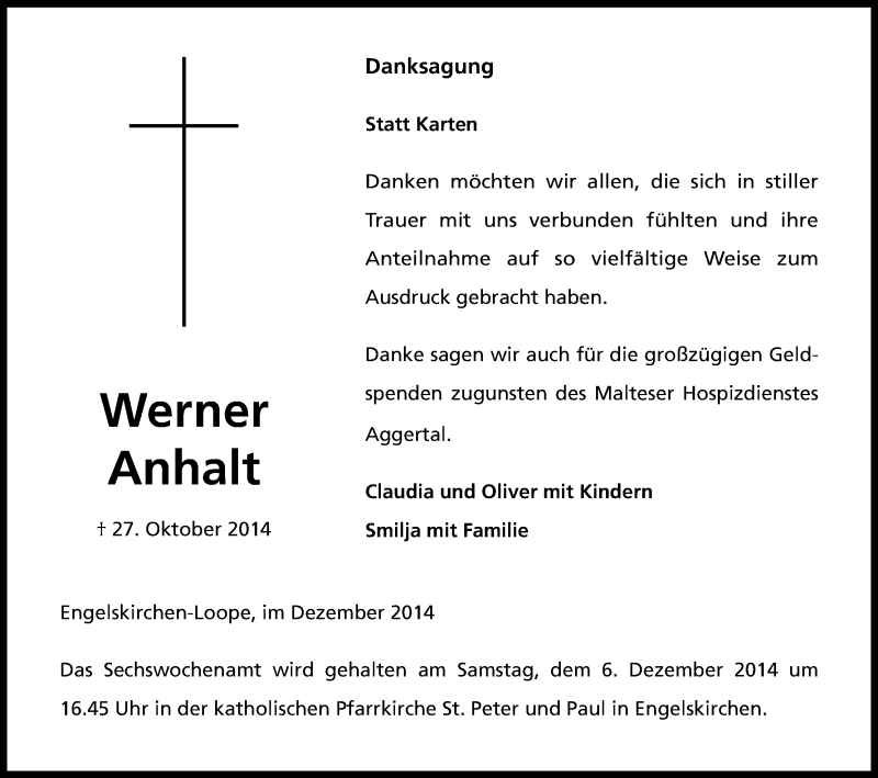  Traueranzeige für Werner Anhalt vom 04.12.2014 aus Kölner Stadt-Anzeiger / Kölnische Rundschau / Express