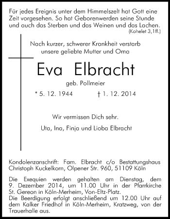 Anzeige von Eva Elbracht von Kölner Stadt-Anzeiger / Kölnische Rundschau / Express