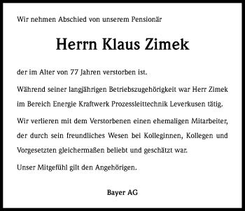 Anzeige von Klaus Zimek von Kölner Stadt-Anzeiger / Kölnische Rundschau / Express