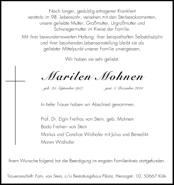 Anzeige von Marilen Mohnen von Kölner Stadt-Anzeiger / Kölnische Rundschau / Express