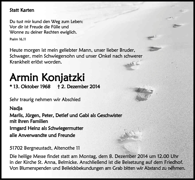  Traueranzeige für Armin Konjatzki vom 04.12.2014 aus Kölner Stadt-Anzeiger / Kölnische Rundschau / Express