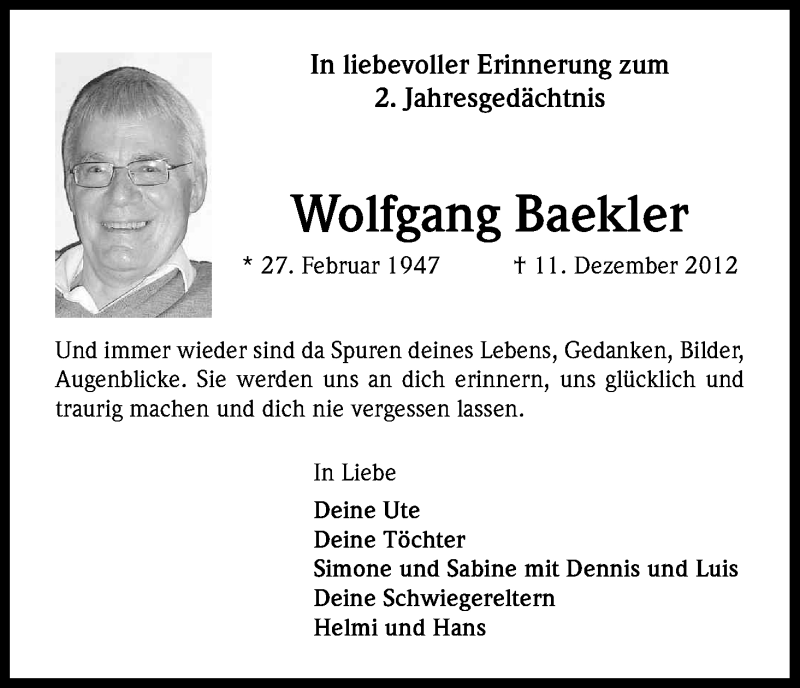  Traueranzeige für Wolfgang Baekler vom 11.12.2014 aus Kölner Stadt-Anzeiger / Kölnische Rundschau / Express