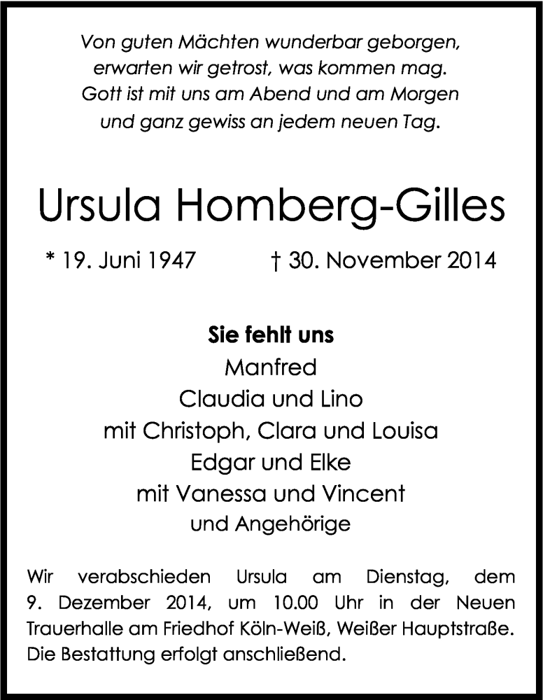  Traueranzeige für Ursula Homberg-Gilles vom 06.12.2014 aus Kölner Stadt-Anzeiger / Kölnische Rundschau / Express