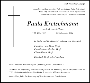 Anzeige von Paula Kretschmann von Kölner Stadt-Anzeiger / Kölnische Rundschau / Express