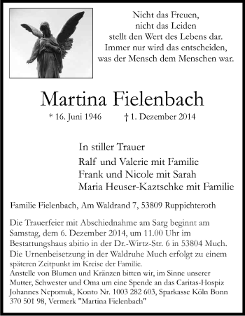 Anzeige von Martina Fielenbach von Kölner Stadt-Anzeiger / Kölnische Rundschau / Express