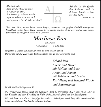 Anzeige von Marliese Rau von Kölner Stadt-Anzeiger / Kölnische Rundschau / Express