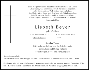 Anzeige von Lisbeth Beyer von Kölner Stadt-Anzeiger / Kölnische Rundschau / Express