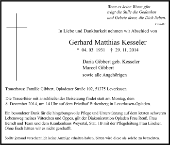 Anzeige von Gerhard Matthias Kesseler von Kölner Stadt-Anzeiger / Kölnische Rundschau / Express