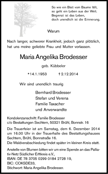 Anzeige von Maria Angelika Brodesser von Kölner Stadt-Anzeiger / Kölnische Rundschau / Express
