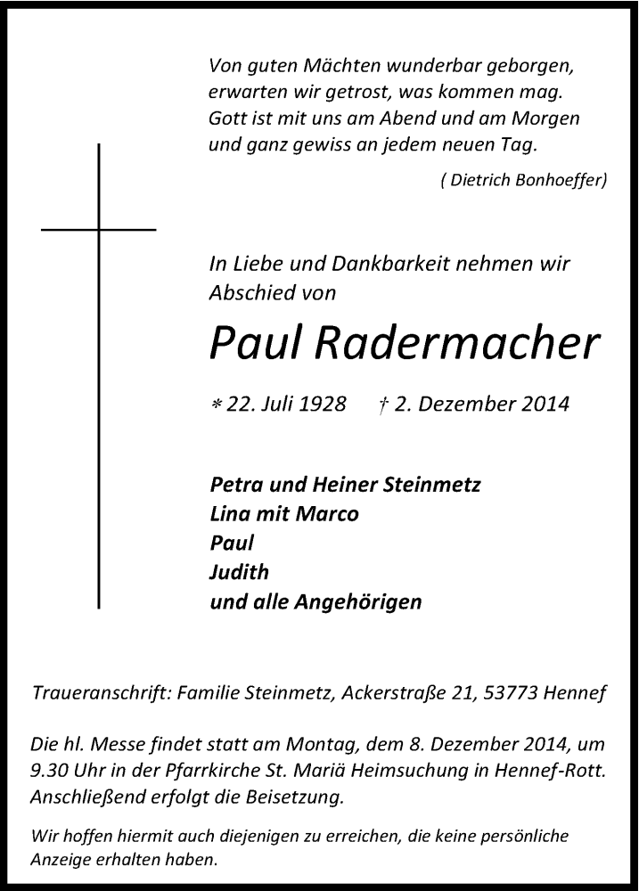  Traueranzeige für Paul Radermacher vom 04.12.2014 aus Kölner Stadt-Anzeiger / Kölnische Rundschau / Express