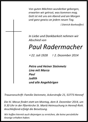 Anzeige von Paul Radermacher von Kölner Stadt-Anzeiger / Kölnische Rundschau / Express