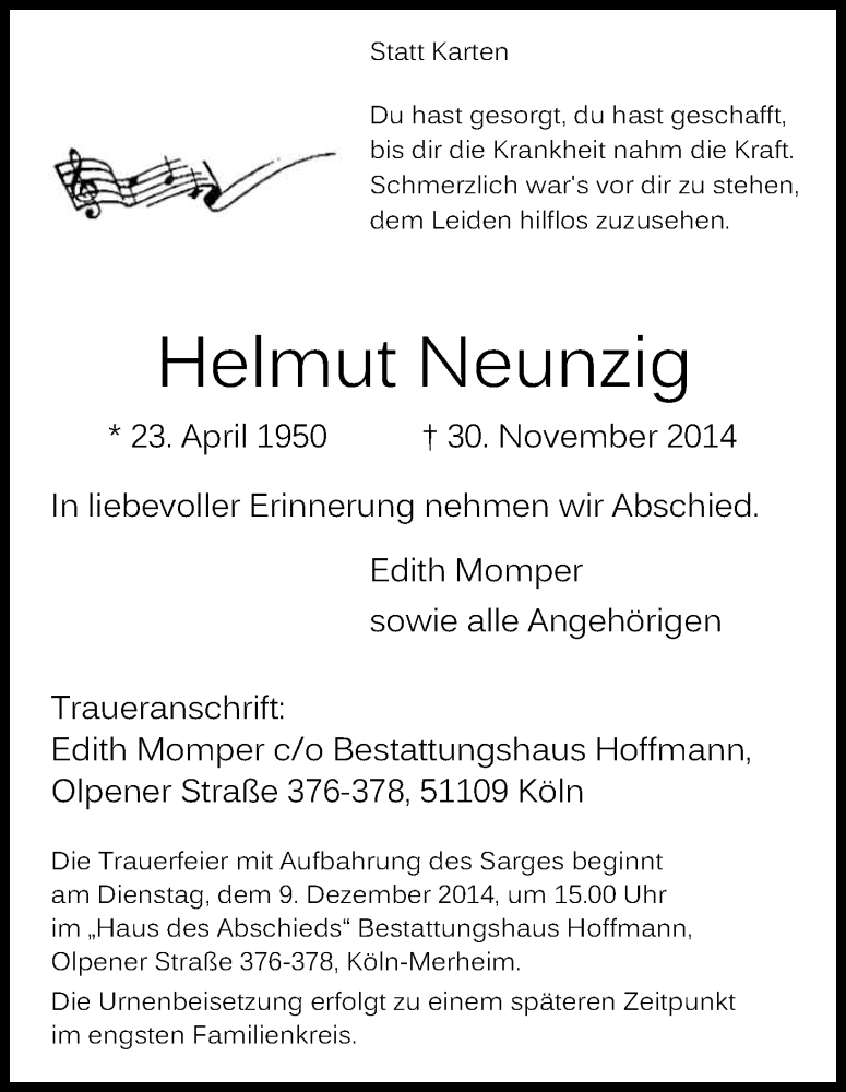  Traueranzeige für Helmut Neunzig vom 06.12.2014 aus Kölner Stadt-Anzeiger / Kölnische Rundschau / Express