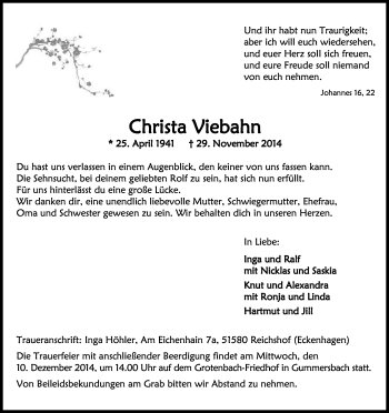 Anzeige von Christa Viebahn von Kölner Stadt-Anzeiger / Kölnische Rundschau / Express