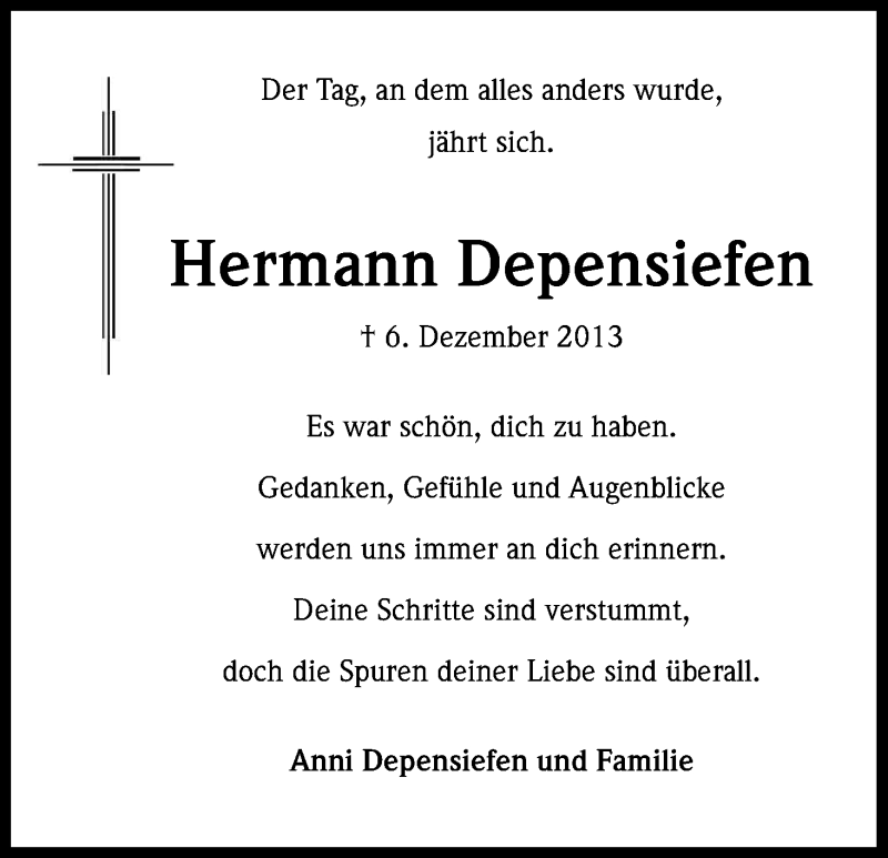  Traueranzeige für Hermann Depensiefen vom 06.12.2014 aus Kölner Stadt-Anzeiger / Kölnische Rundschau / Express