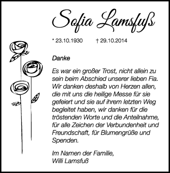 Anzeige von Sofia Lamsfuss von Kölner Stadt-Anzeiger / Kölnische Rundschau / Express