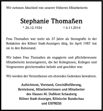 Anzeige von Stephanie Thomaßen von Kölner Stadt-Anzeiger / Kölnische Rundschau / Express