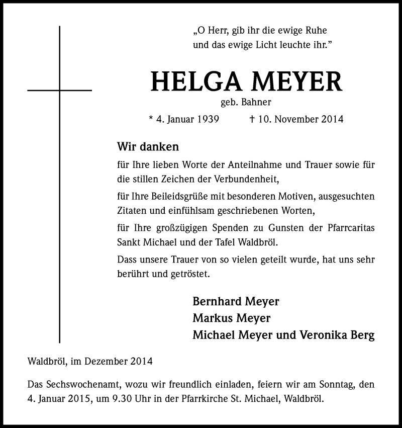  Traueranzeige für Helga Meyer vom 06.12.2014 aus Kölner Stadt-Anzeiger / Kölnische Rundschau / Express