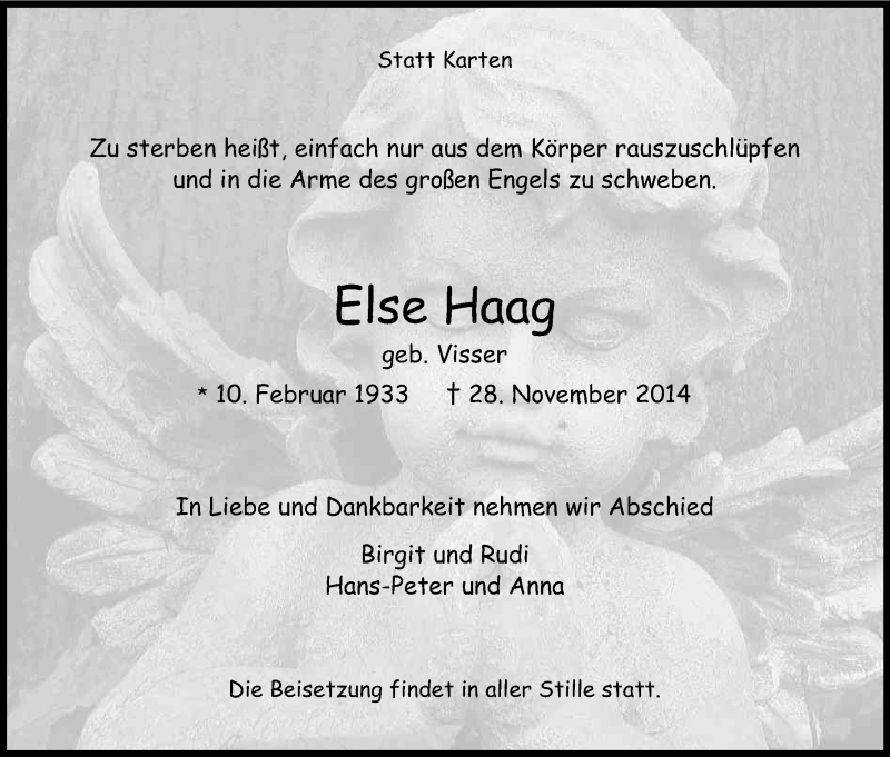  Traueranzeige für Else Haag vom 06.12.2014 aus Kölner Stadt-Anzeiger / Kölnische Rundschau / Express