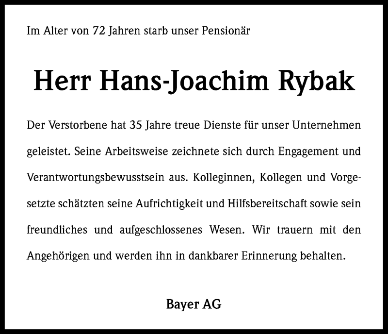  Traueranzeige für Hans-Joachim Rybak vom 04.12.2014 aus Kölner Stadt-Anzeiger / Kölnische Rundschau / Express