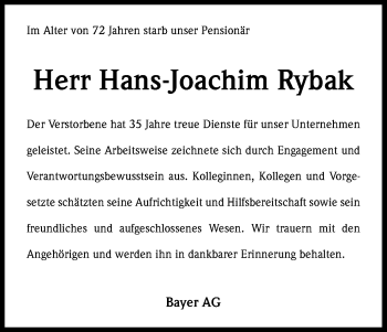 Anzeige von Hans-Joachim Rybak von Kölner Stadt-Anzeiger / Kölnische Rundschau / Express
