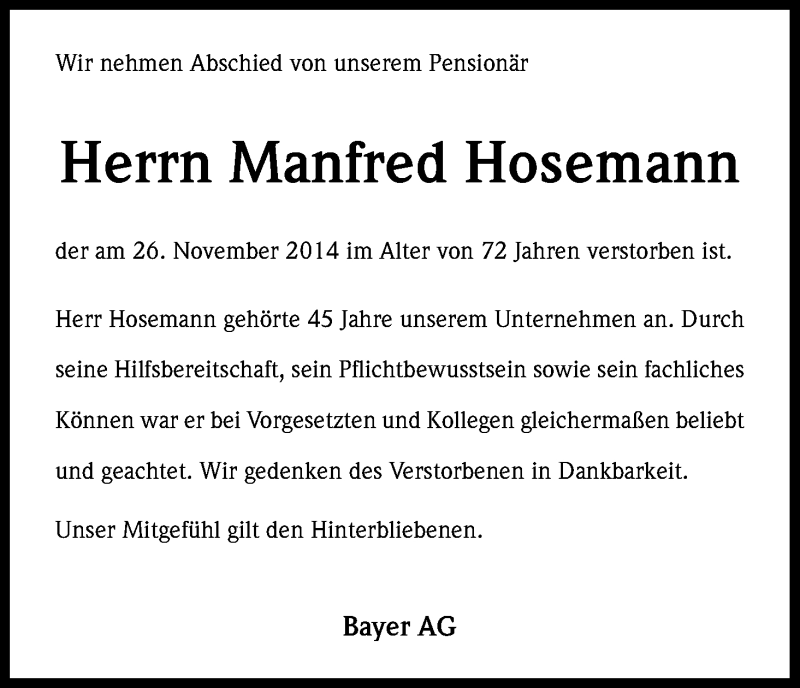  Traueranzeige für Manfred Hosemann vom 04.12.2014 aus Kölner Stadt-Anzeiger / Kölnische Rundschau / Express