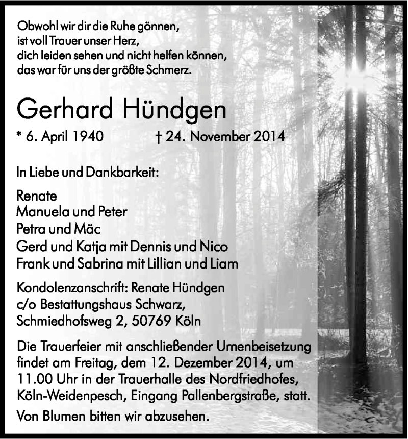  Traueranzeige für Gerhard Hündgen vom 06.12.2014 aus Kölner Stadt-Anzeiger / Kölnische Rundschau / Express