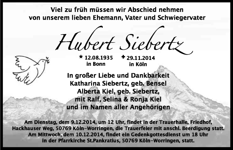  Traueranzeige für Hubert Siebertz vom 06.12.2014 aus Kölner Stadt-Anzeiger / Kölnische Rundschau / Express