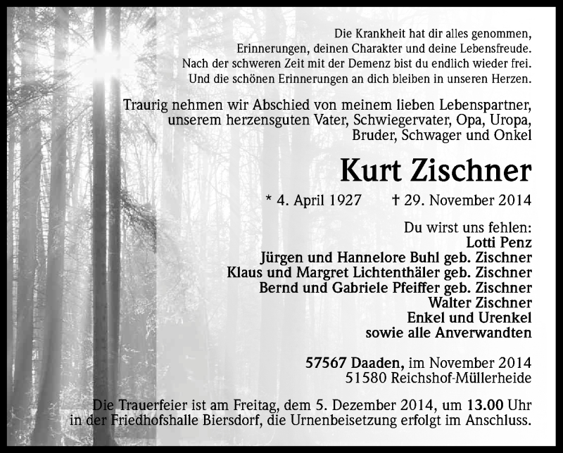  Traueranzeige für Kurt Zischner vom 05.12.2014 aus Kölner Stadt-Anzeiger / Kölnische Rundschau / Express