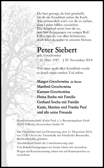 Anzeige von Peter Siebert von Kölner Stadt-Anzeiger / Kölnische Rundschau / Express